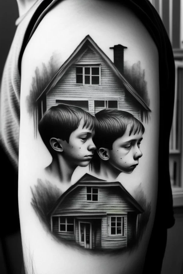 A simple black and white tattoo of three sons, aged 12, 8 & 5 in a house