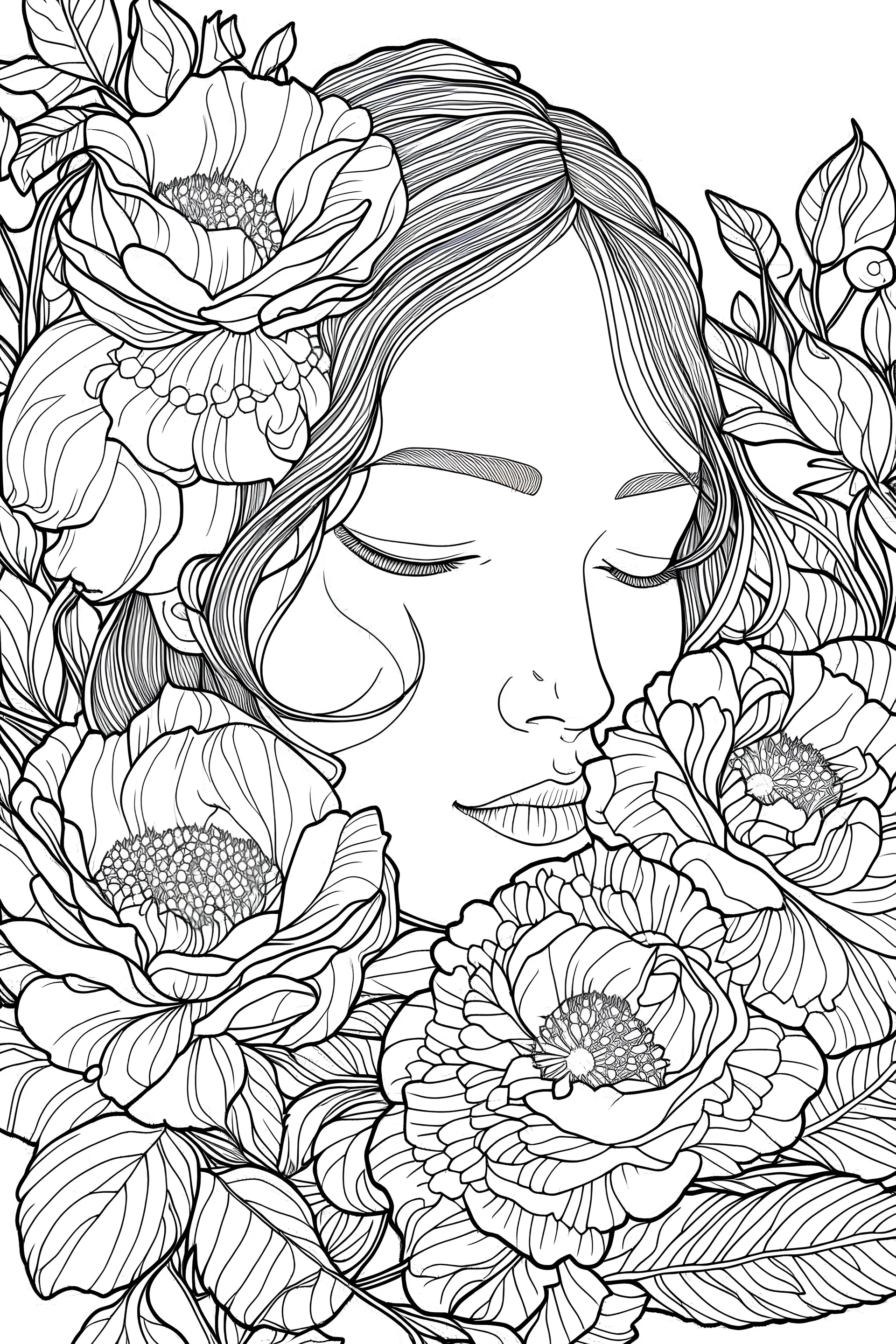 coloring page of big beautiful bouquet of peonies all around her face, her eyes are closed and dreaming peacefully, only her face shows, her face fully covered by the bouquet of peonies, use black outline with a white background, clear outline, no shadows