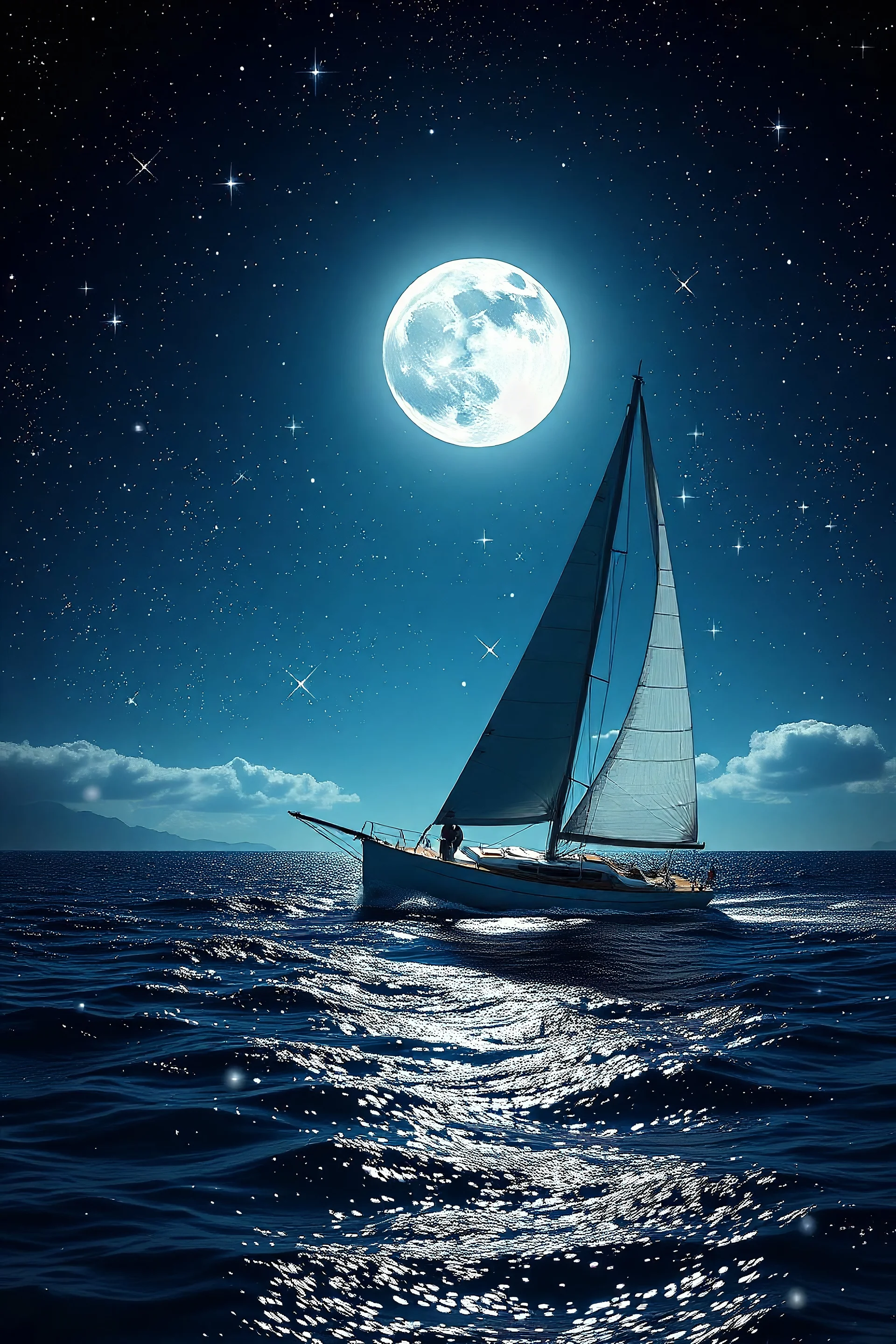 Split toning: sparkling stars and shimmering water sparkles envelop the majestic sailboat, bright night moon radiating magical light illuminates the sailboat's path, the air is filled with energy and magic of night stars, photorealism