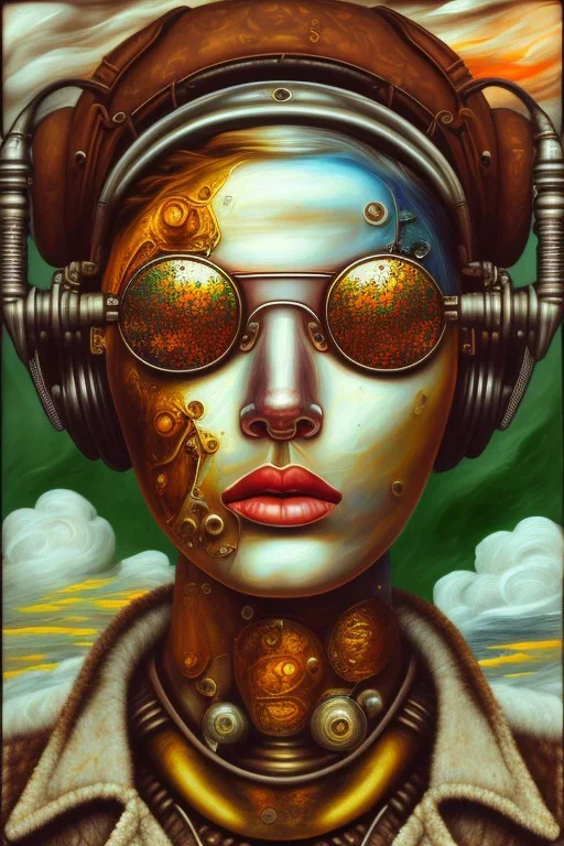 an abstract painting of clouds in sunset, by lucian freud and botero, rust, scaffolding, iron cladding, decay, mixed media, textured, anatomically correct, beautiful woman perfect face, green eyes, aviator sunglasses, sharp focus, highly detailed. desolate background. the royal tenenbaums