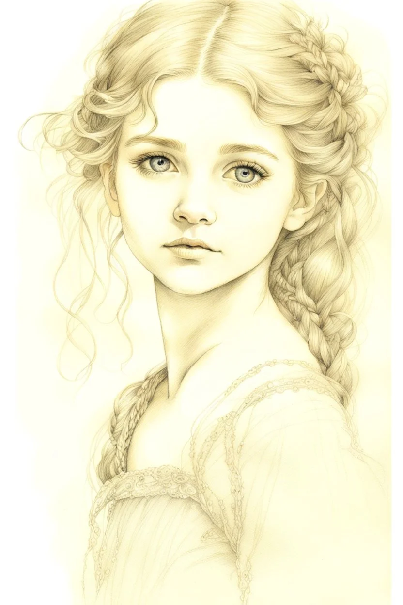 pencil and charcoal line sketch portrait of a beautiful young girl, big brown sparkling eyes, slight smile, fantasy clothes, messy hairstyle, intricate details and precisely drawn cross-hatching lines throughout the drawing, bold lines Modifiers: beautiful very cute Arthur Rackham Jean-Baptiste Monge Josephine Wall Thomas Wells Schaller shabby chic water colour painting Pencil and pastel sketch Beautiful detailed eyes pastel patchwork line art