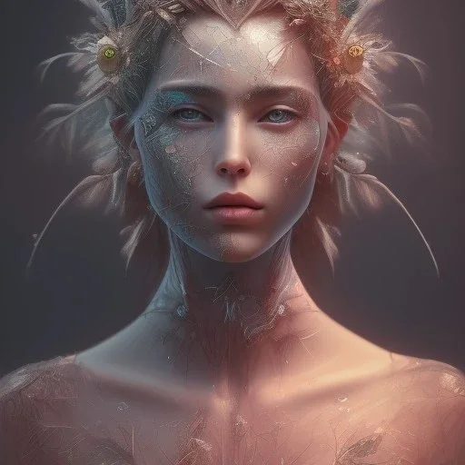 Portrait of beautiful girl, face dept of field,face shining, plant, metal, feathers,central weight average, CWA Dryad, fae, sidhe, ominous, nature, plants, wildflower sparkle,wildflower 3d view, facepaint, dnd character portrait, intricate, oil on canvas, masterpiece, expert, insanely detailed, 4k resolution, retroanime style, cute big circular reflective eyes, cinematic smooth, intricate detail , soft smooth lighting, soft pastel colors, painted Renaissance style,sharp fucus, bokeh,macro lens,