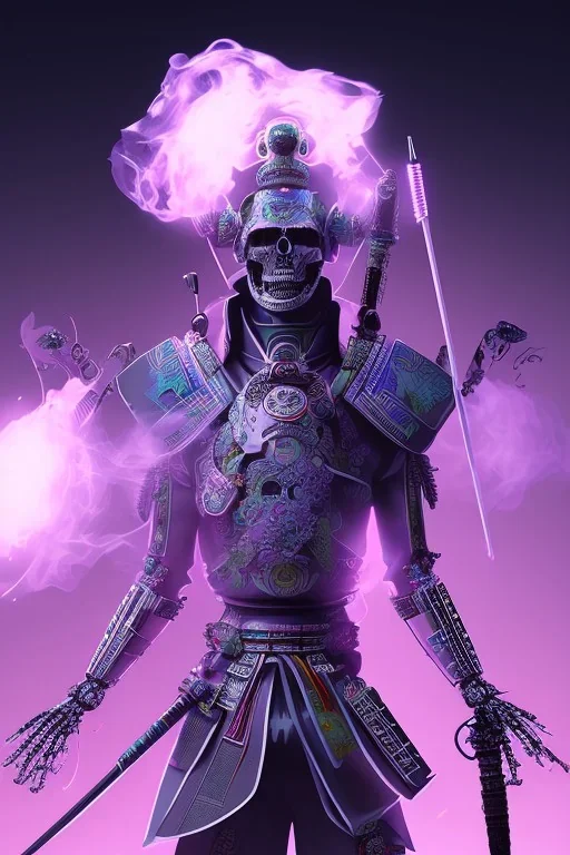 Futuristic Neon crystal skeleton samurai smoke