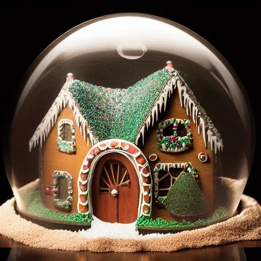 an intricate hobbit-style gingerbread house under a glass dome, rainbow sprinkles, frosting, 8k resolution, centered, high-quality, ultrafine-detail, digital art, flickering light, detailed matte, volumetric lighting, illustration, 3D octane render, brian froud, howard lyon, ben goossens, George Grie, greg rutowski, alphonse mucha