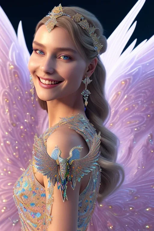 A portrait of a crystalline woman smiling, with wings, mythical,fantasy , magnificent, majestic, very happy, highly intricate, Realistic photography, incredibly detailed, ultra high resolution, 8k, complex 3d render, cinema 4d