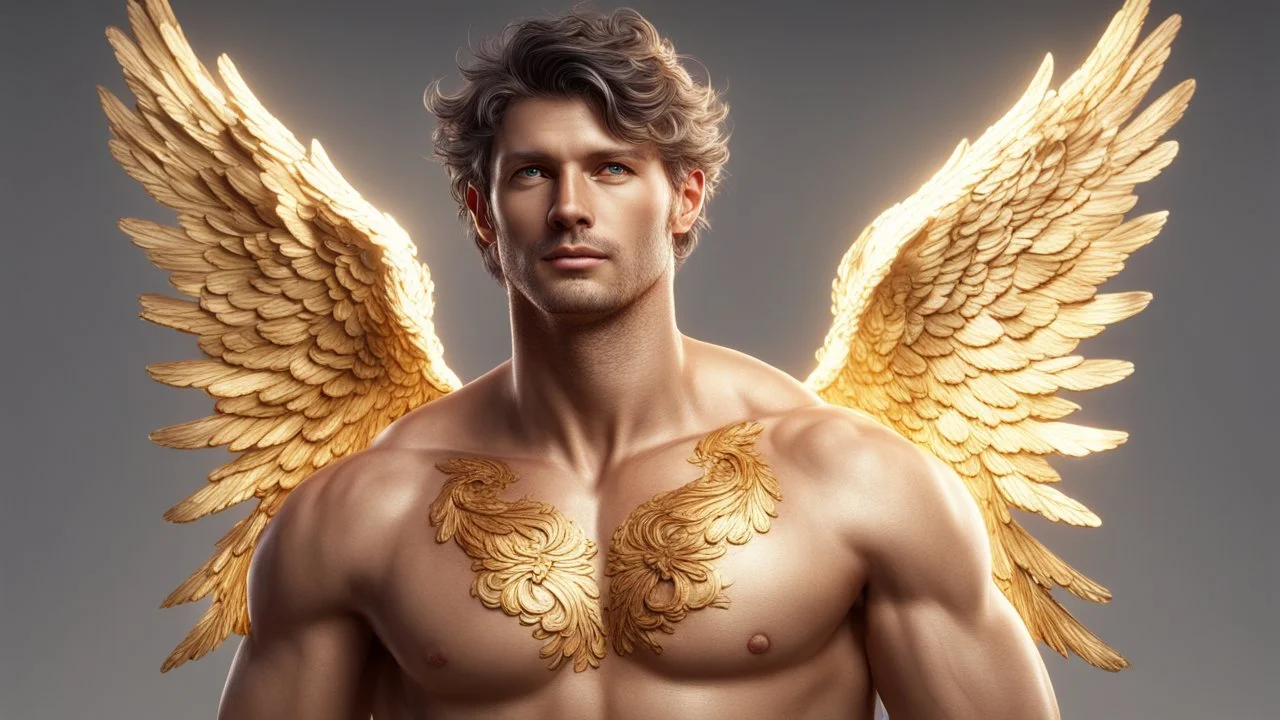 male 35 years old angel, fine rendering, high detail, 8K, bright colors, HD photography, gold,