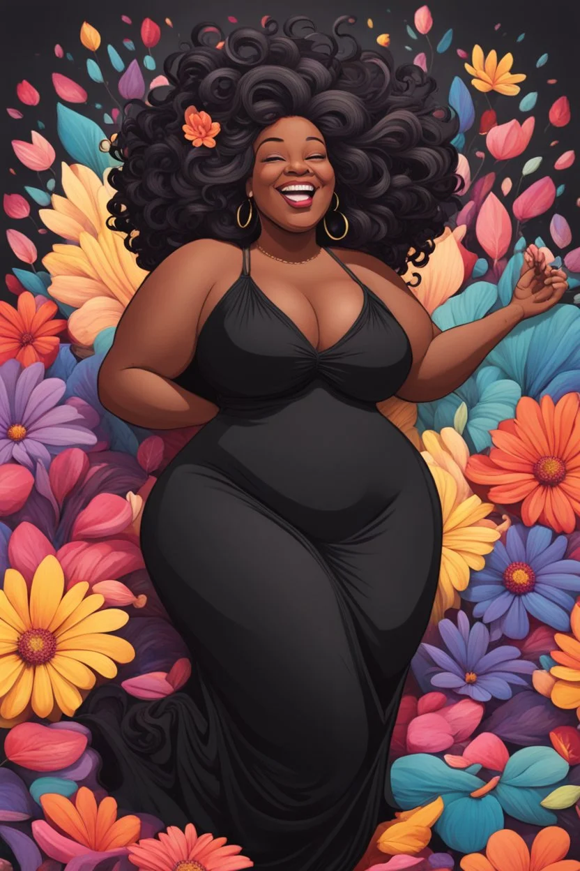 A sassy thick-lined chalk art style cartoon black female lounging lazily on her side, surrounded by colorful large flower petals. her curvy body silhouette a black maxi dress. Looking up coyly, she grins widely, showing teeth. Her poofy hair forms a mane framing her confident, regal expression.