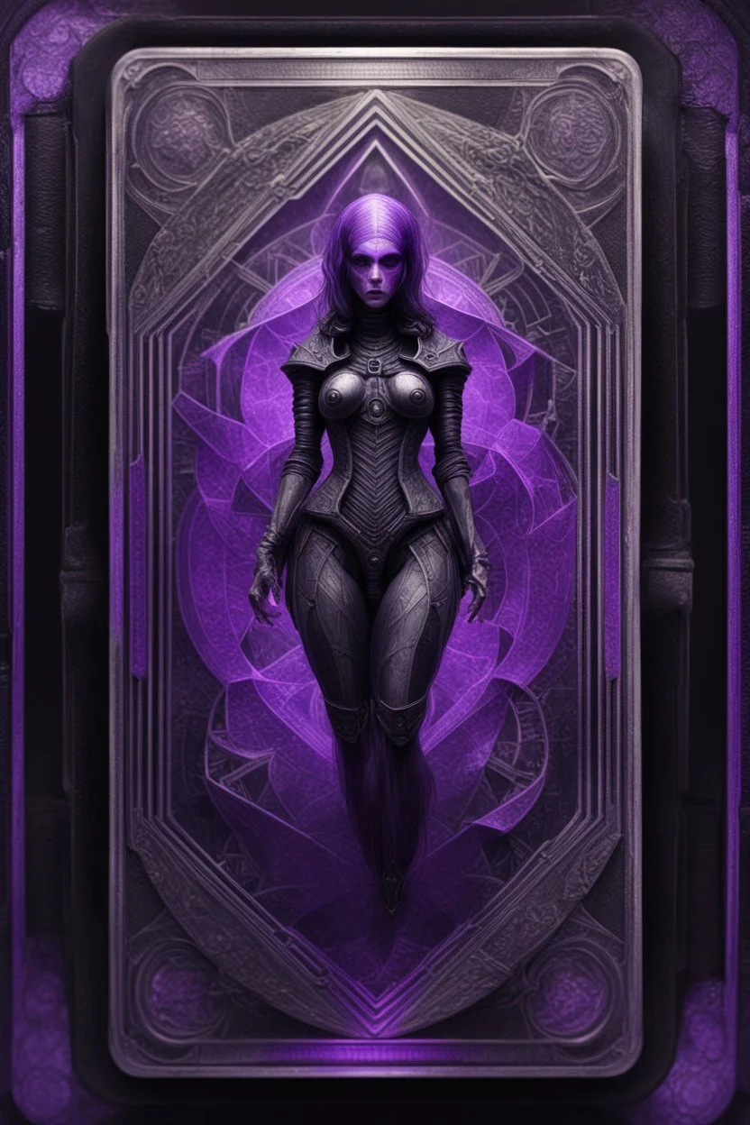 sacred geometry framed playing card, black and purple dancer thief shadows boss card in the style of Giger and fallout 4 ,,bokeh like f/0.8, tilt-shift lens 8k, high detail, smooth render, down-light, unreal engine