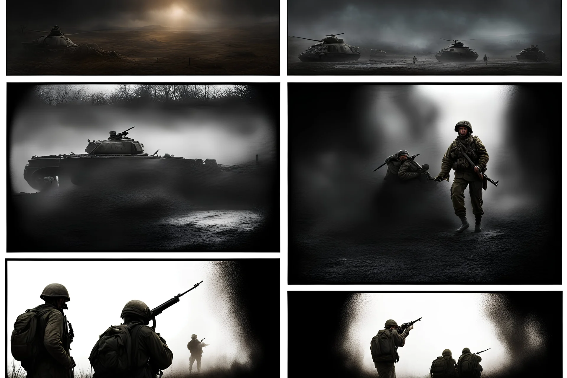 Masterpiece1:5)(Fineart), (award-winning:1.5), highest quality, (ultra realism:1.5) war journalism(,(by Tim Page and Hoorst Faas:1.5))(photorealistic:1.8),RAW pictures (Eastern Ukraine:(panel one:the moment after a battle ends, horrors of war, wounded men),(2nd panel, cinematic shot of men sitting in trench with 1000 yard stare (focus on their eyes:1.5)),(the third panel shows troops tired but hyper alert), (the fourth panel shows the sky is filled with incessant, fire and smoke,)