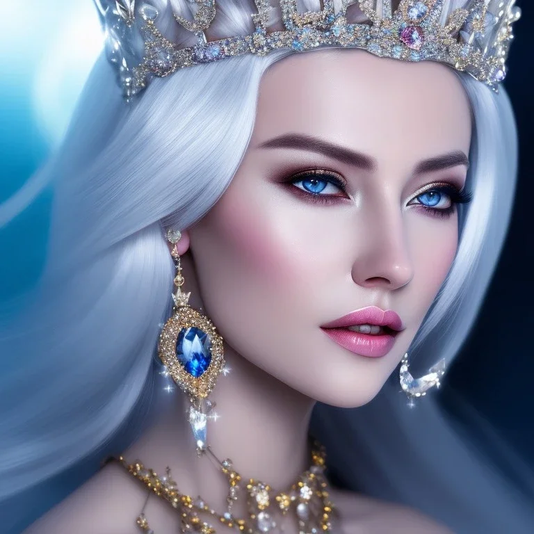 Ice Princess with white hair smilling, a crown with precious stones, bright background