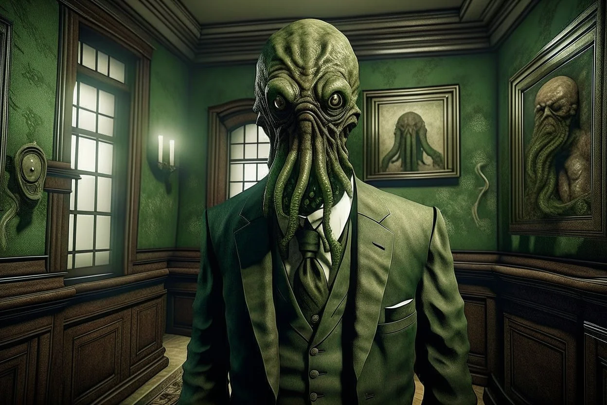 ww1 sick archeologist with suit talking close-up standing up looking to the camera, inside mansion room background, cthulhu face