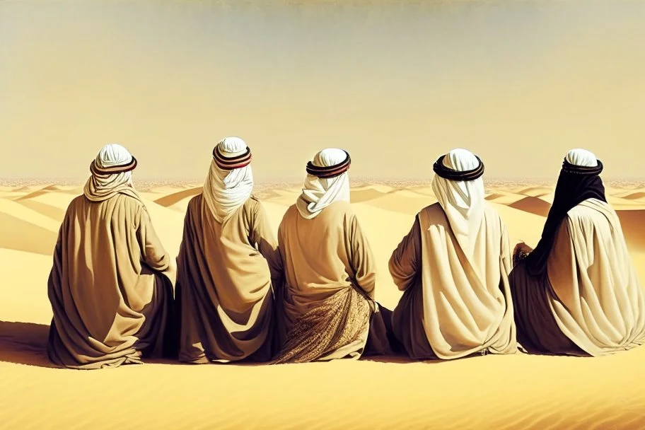 Four Arab sheikhs sitting in the desert wearing typical Arab dress, looking towards the four cardinal points. A talll fat european man in business suit wathcing them while thinking.