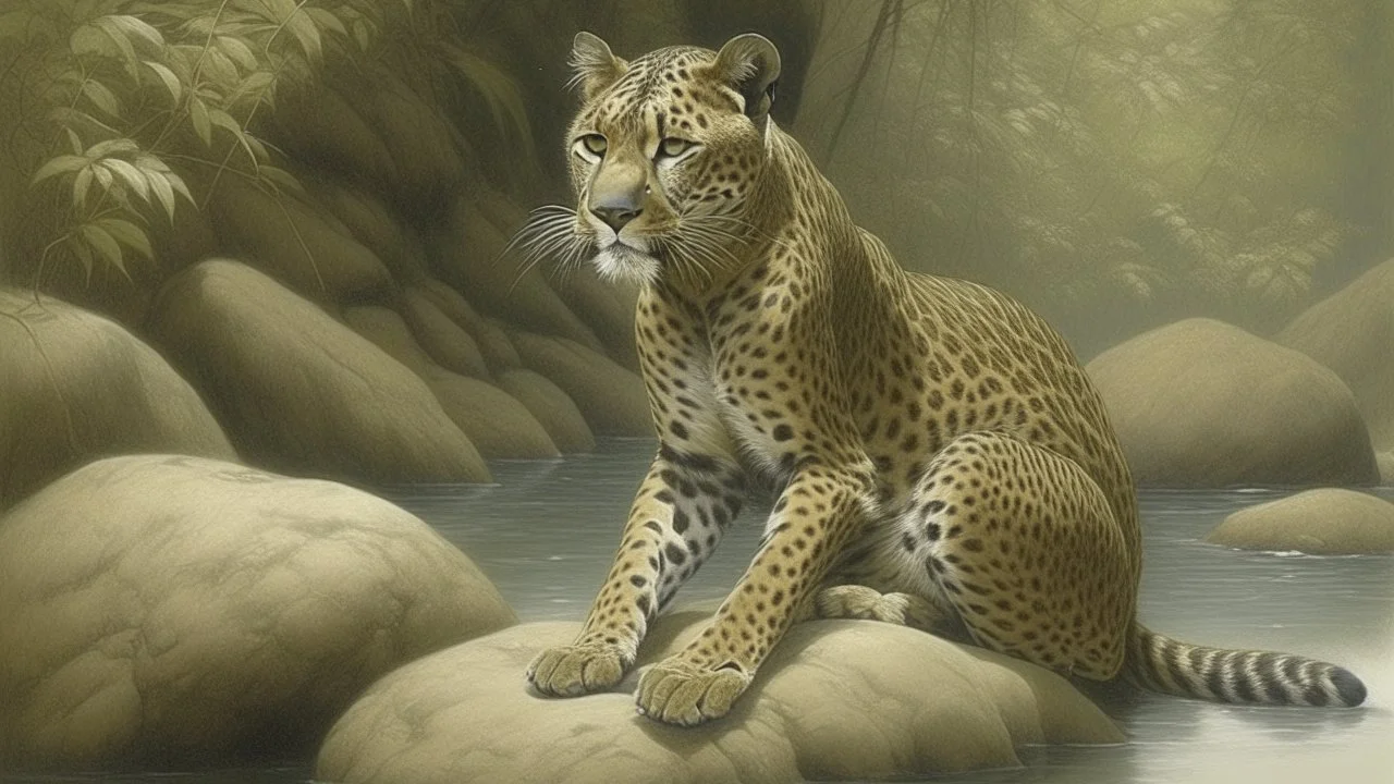 A vile leopard in a river by Robert Bateman