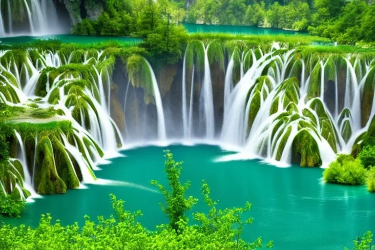 waterfall cascading into lake, nature documentary footage, plitvice, natural wonder, light from the left side of the scene