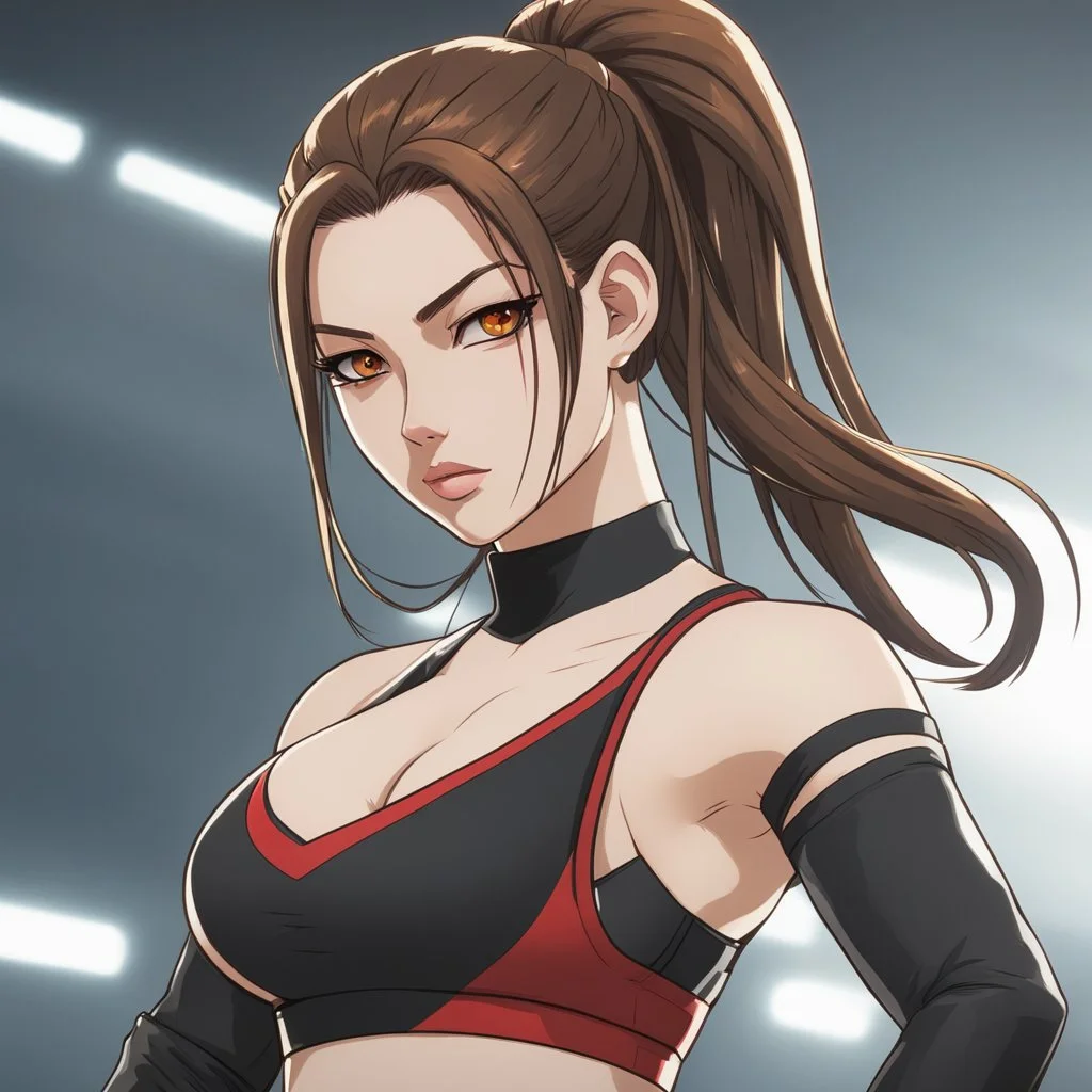 An Arrogant-Looking Young Woman With Pale Skin, Red Eyes, And Long Brown Hair Pulled Up In A Single, Straight Ponytail. MMA fighter. wearing a black crop top and leggings. Anime Style, High Definition, Greg Rutkowski, 8k Resolution, Intricate Details