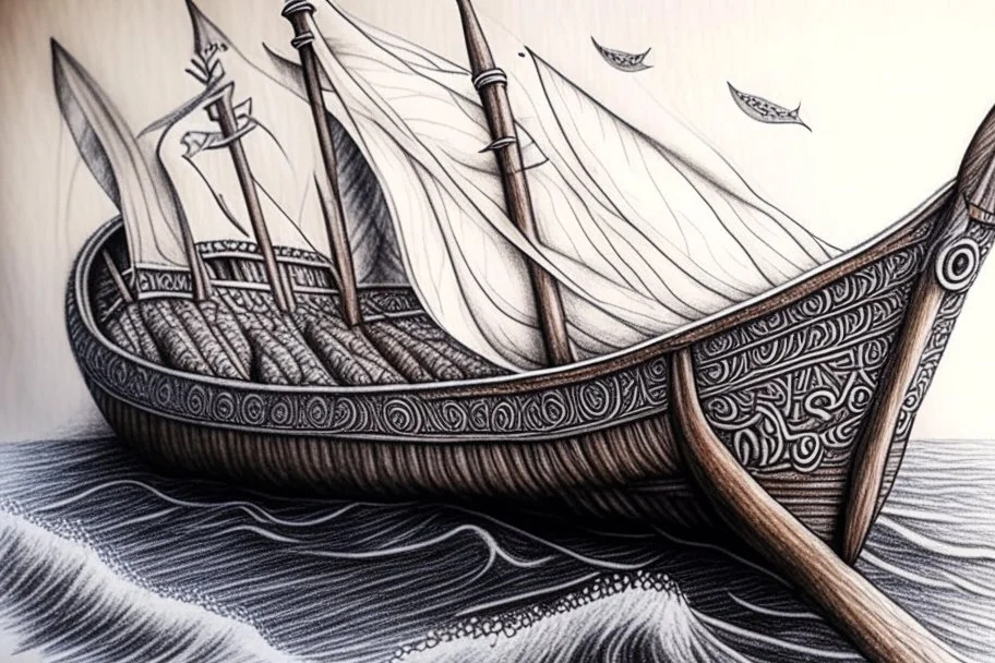 Viking boat drawing Ultra realisic, Ultra detailed, Very professional drawing, Art, colorfull, vikings, old