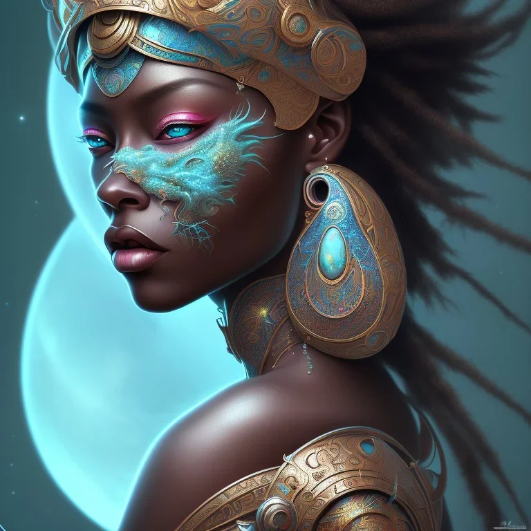 sango fantasy, fantasy magic, intricate, sharp focus, illustration, highly detailed, digital painting, concept art, matte, masterpiece head sexy view black African beauty black afro hair space lady turquoise carp skin African space landslide