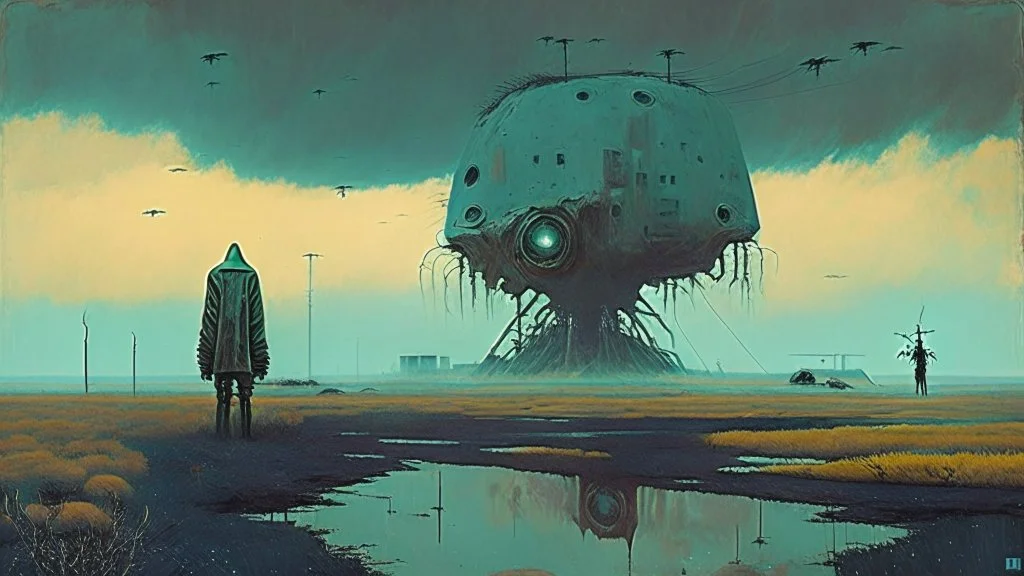 Strange surreal world, odd people, post apocalyptic horror, pop surrealism, harsh landscape, science fiction painting, ((Simon Stålenhag, Denis Sarazhin, Alex Colville, Christopher Shy, Romain Trystram, Quint Buchholz)), ominous sky, retro-futuristic horror anthology, (strange creatures), strange, RAW, gritty, high contrast, techno analog gothic, grim overtones, ominous sky, vivid, textured, grim, nightmarish art, ambiguity, surreal juxtaposition, low fi concept art, lowbrow