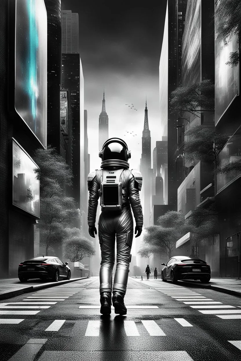 picture from a grayscale cityscape. In the middle a human walking in irridescent space suit on the street, a color step transition 3d figure , high contrast between her and the black and white space, enhancing the contrast between her and city, ultra quality, high digital illustration, cinematic, sci-fi, surreal, dystopian atmosphere, stunning