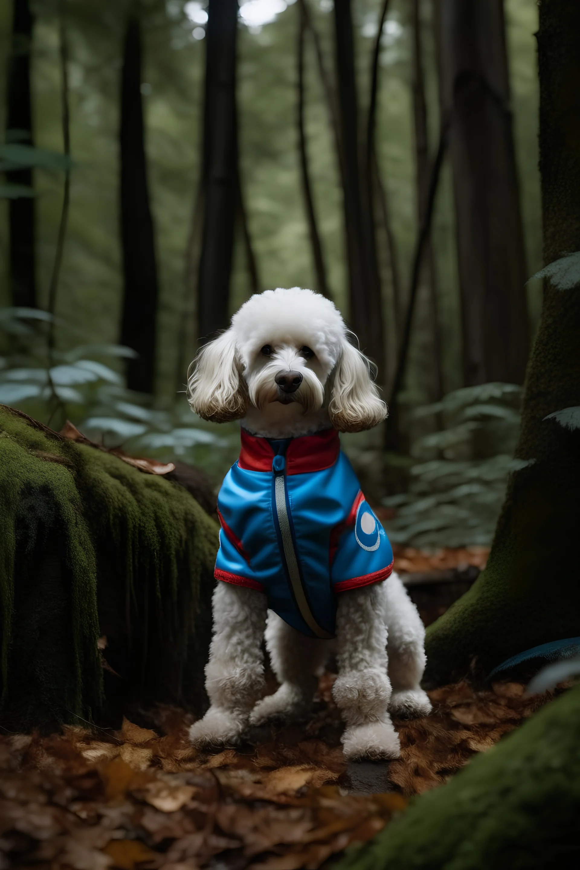 perro de traje de superheroe estilo caniche en los bosques chaqueños