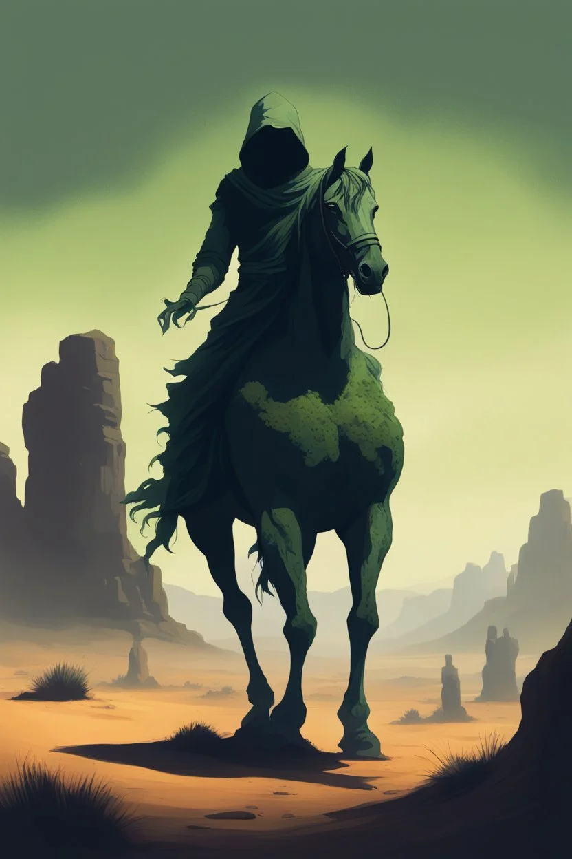 Draw me a mossy stones in the desert in the distance background a giant statue on a horse of a hooded shadow of a scary creature Busch painting style
