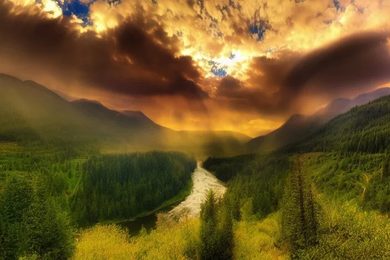 the most beautiful panoramic landscape, oil painting, where the mountains are towering over the valley below their peaks shrouded in mist, the sun is just peeking over the horizon producing an awesome flare and the sky is ablaze with warm colors and stratus clouds. a giant dreamy waterfall creates a river, it is winding its way through the valley and the trees are starting to bloom in a great variety of colors, by greg rutkowski, aerial view