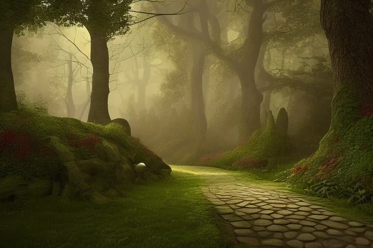 wooded forest cobblestone path lantern