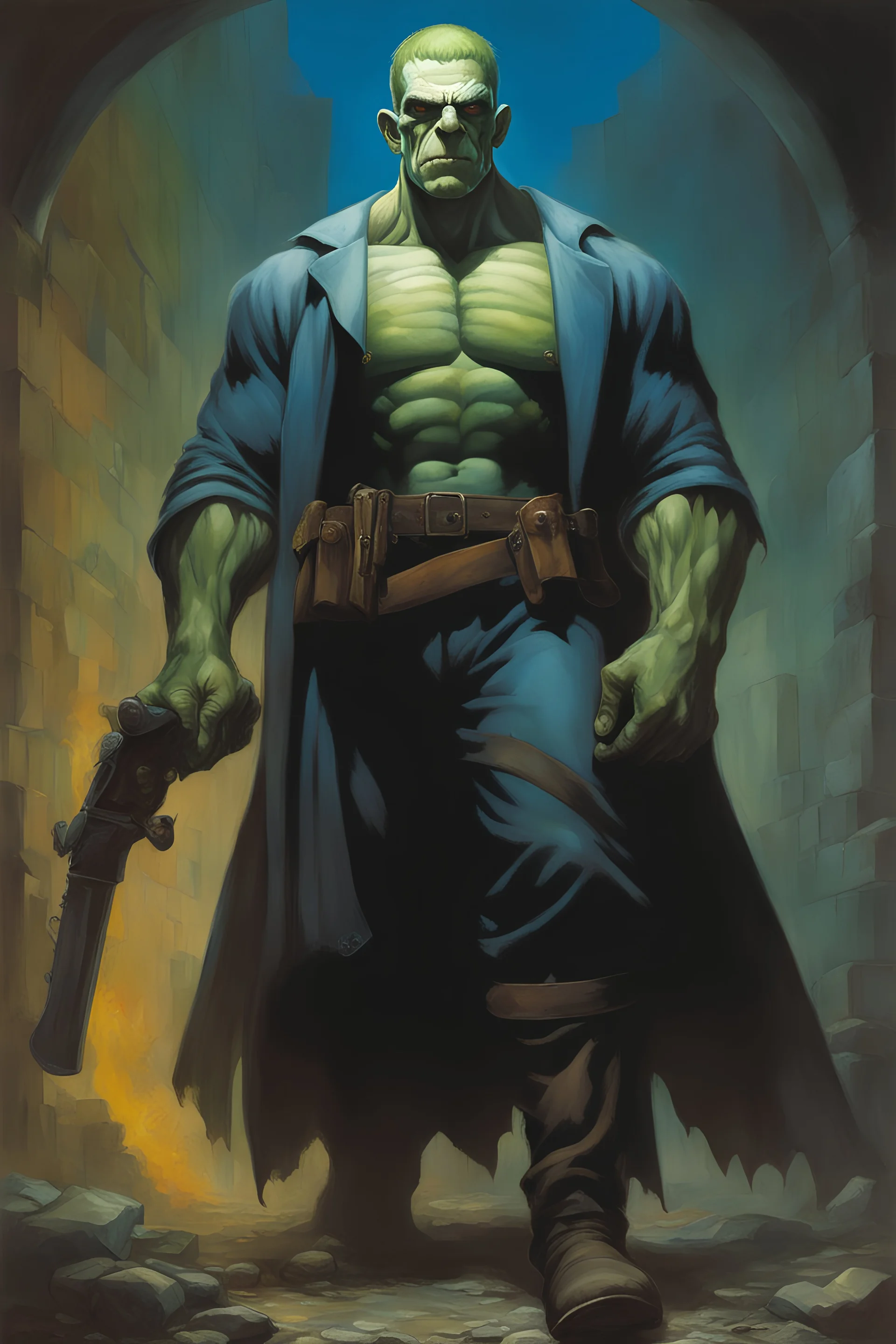 Frankenstein, The Punisher, extremely tall, 6'6" 250lbs, thick, muscular, crew-cut blonde hair, blue eyes - multicolored watercolor stained wall in the background, in the art style of Boris Vallejo, Frank Frazetta, Julie bell, Caravaggio, Rembrandt, Michelangelo, Picasso, Gilbert Stuart, Gerald Brom, Thomas Kinkade, Neal Adams - professional quality studio 8x10 UHD Digital photograph by Scott Kendall - paint splattered wall in the background, multicolored overhead spotlight, Photorealistic, rea