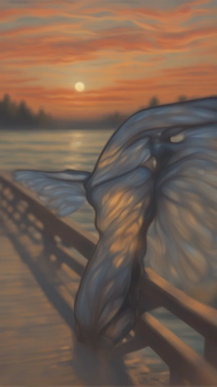 portrait up close with transparent angel wings like a butterfly on a bridge at sunset, a more intense "scream" mask from the horror movie, that looks like the original painting by Edvard Munch, bokeh like, down-light, unreal engine, prize winning