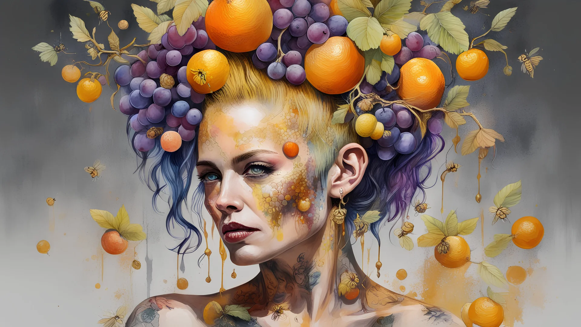 Punk woman 49 years old, hair made of Fruits, Grapes, tangerines, gold, gouache, watercolor, acrylic, paint drips, branches, fine drawing, golden makeup, bees, tattoo, alien, bright colors, double exposure, high detail, high resolution , 8K, 3D, bees,
