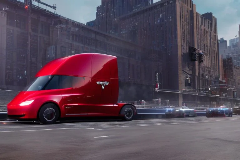 A Tesla 'Semi' (semi truck) is going at a high speed, inside the 'Yankee Stadium' in Manhattan. (CINEMATIC, WIDE ANGLE LENS, PHOTO REAL)
