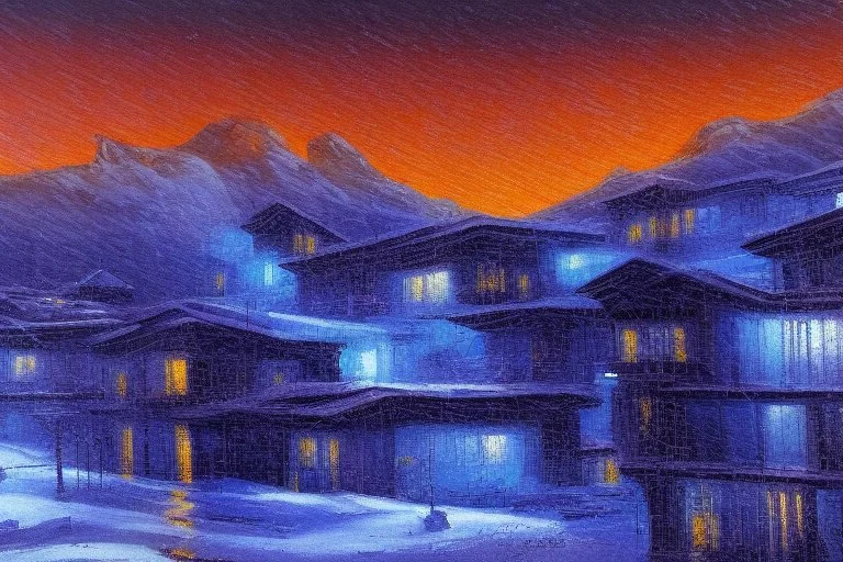 Night, winter, cyberpunk buildings in the mountains, tendency to science fiction, impressionism painting