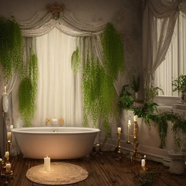 a gorgeous, stunning spa with gauzy curtains, beautiful, ornate bath, dark wood floor, plants, candles, flowers, tranquil, 8k resolution, high-quality, fine-detail, digital art, detailed matte, volumetric lighting, illustration, 3D octane render, brian froud, howard lyon, selina french, annie stokes, lisa parker, greg rutowski,