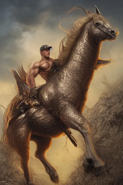 dan mumford, hyperrealism, felix kelly, fantasy art, concept art, national geographic photo, cinema 4d, By whiteflamek, Hyperdetailed, Man to stallion transformation, Equine Altered Polymorphic male physique, Award winning photograph, Equisapien, extreme long shot, overhead view, studio lighting, flash photography, anthropomorphic character, photorealistic, Photomanipulation, By whiteflamek, realism, deviantart, cryengine