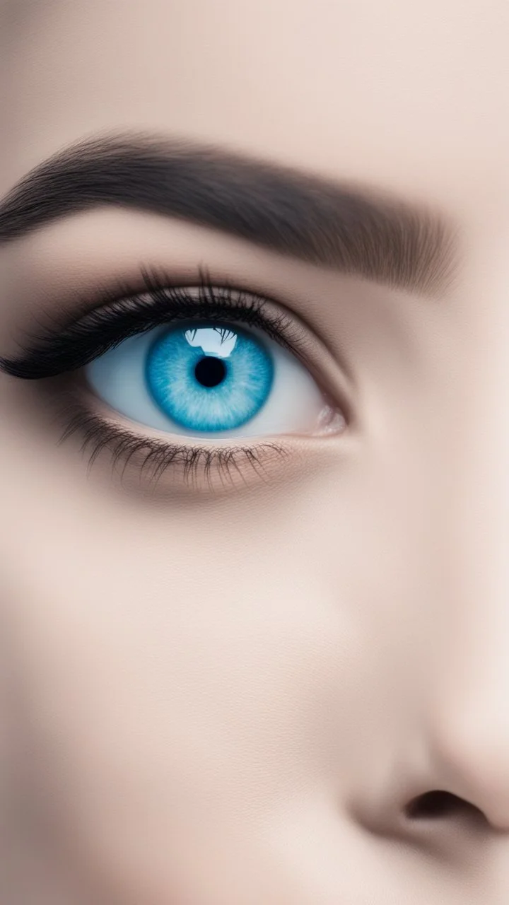 A close picture to a beautiful white skin woman with black soft hair and the hair cover half of Her face and glowing blue eyes