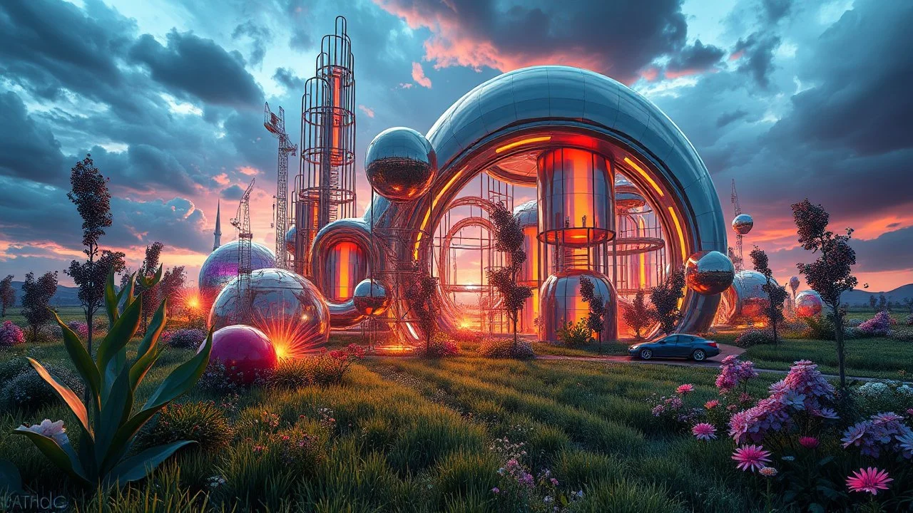 Dynamic cifi country side ,hypnotic of 3D structures Symmetry twisting and morphing between cifi plants , cifi flowers and metal geometric 3d structures buildings ,cifi cars, smooth translucent iridescent glass with inner glow and bubbles, varied transparent materials, stormy skies, intense dramatic