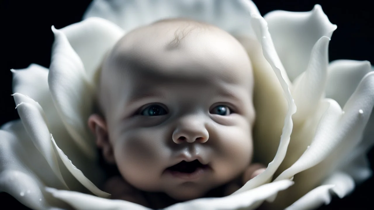 in the middle of a white rose, the very blure very transparent face of a baby can be seen, nightmare, surreal, dark fantasy