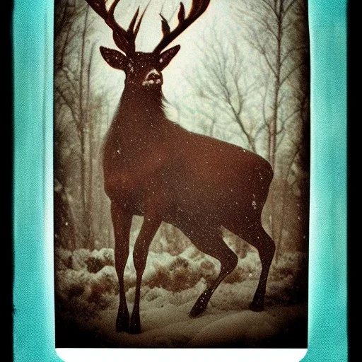 cryptid stag cryptid sleipnir in the snow polaroid vintage style realistic