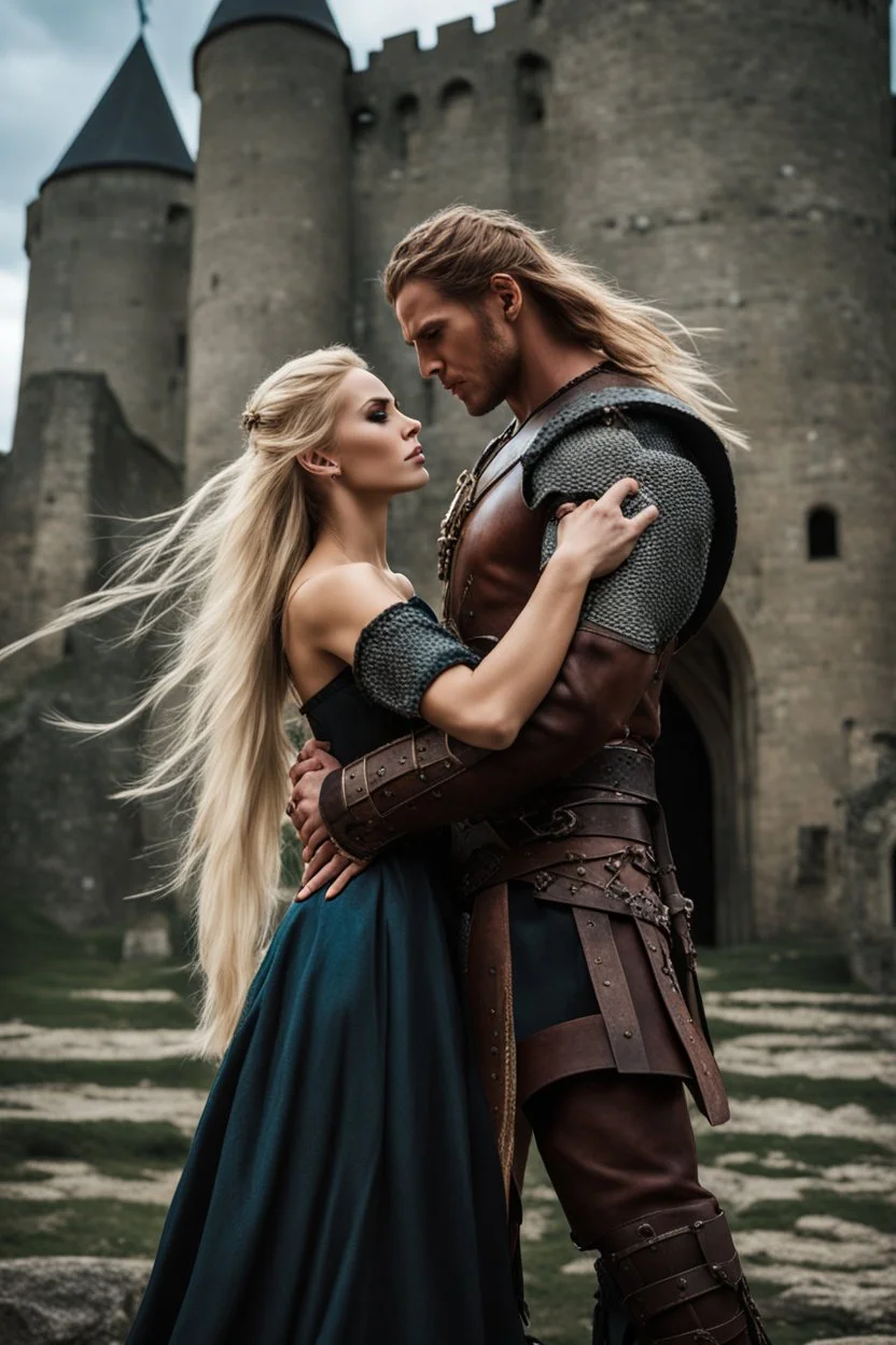 A photo realistic portrait of a stunning blonde girl and muscular long haired viking in a lovers embrace in modern clothing, standing in front of a medieval castle