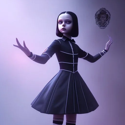 Jenna ortega with wednesday addams black dress,soft goth libstick, wednesday addams make up, overknee socks, dramatic lighting, highly detailed oil painting, volumetric lighting