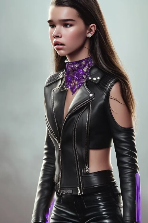 4K Ultra-HD -- Hailee Steinfeld wearing a black leather jacket and a purple halter top --4k Ultra-HD--Hyper realistic--Cinema lighting