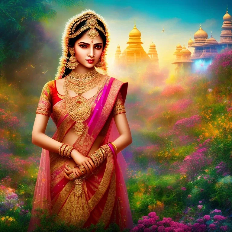 bright indian fairy, beautiful portrait, flowery landscape