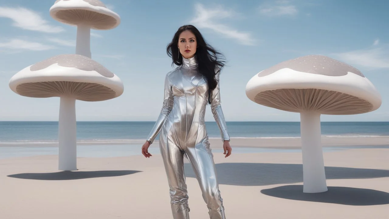 A woman with dark hair in a silver robotic catsuit, standing on a beach with flying mushrooms looking like parasols, with octopus tentacles in the air