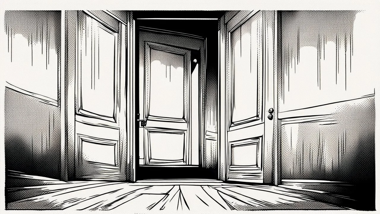unhinged door, anime, monochrome, black background, ink, simple, maximum quality