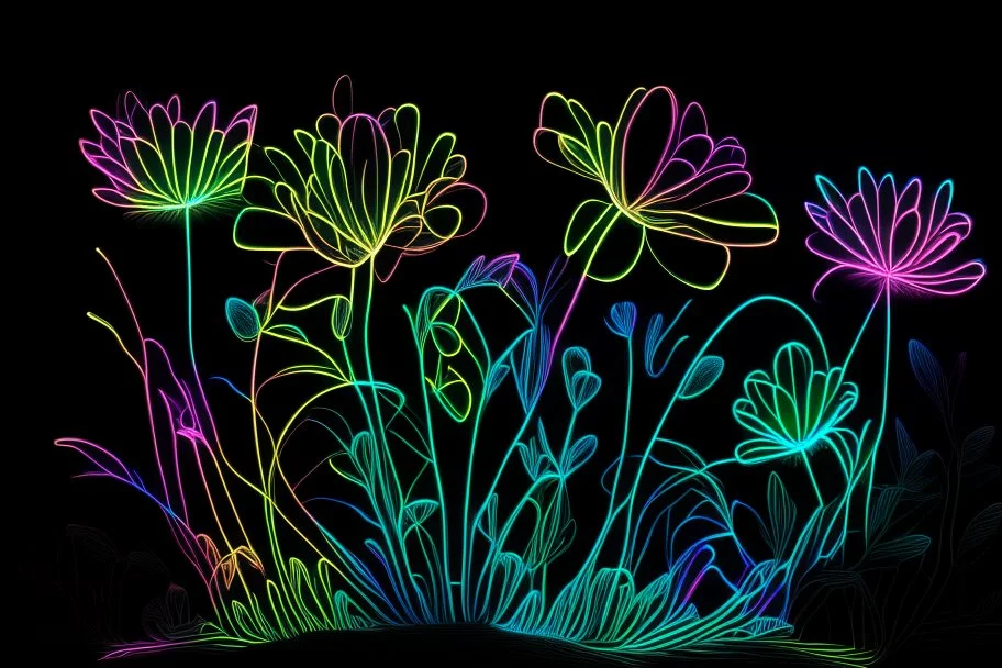 black background, outlines of a holographic flower garden drawn from thin neon-coloured glowing lines