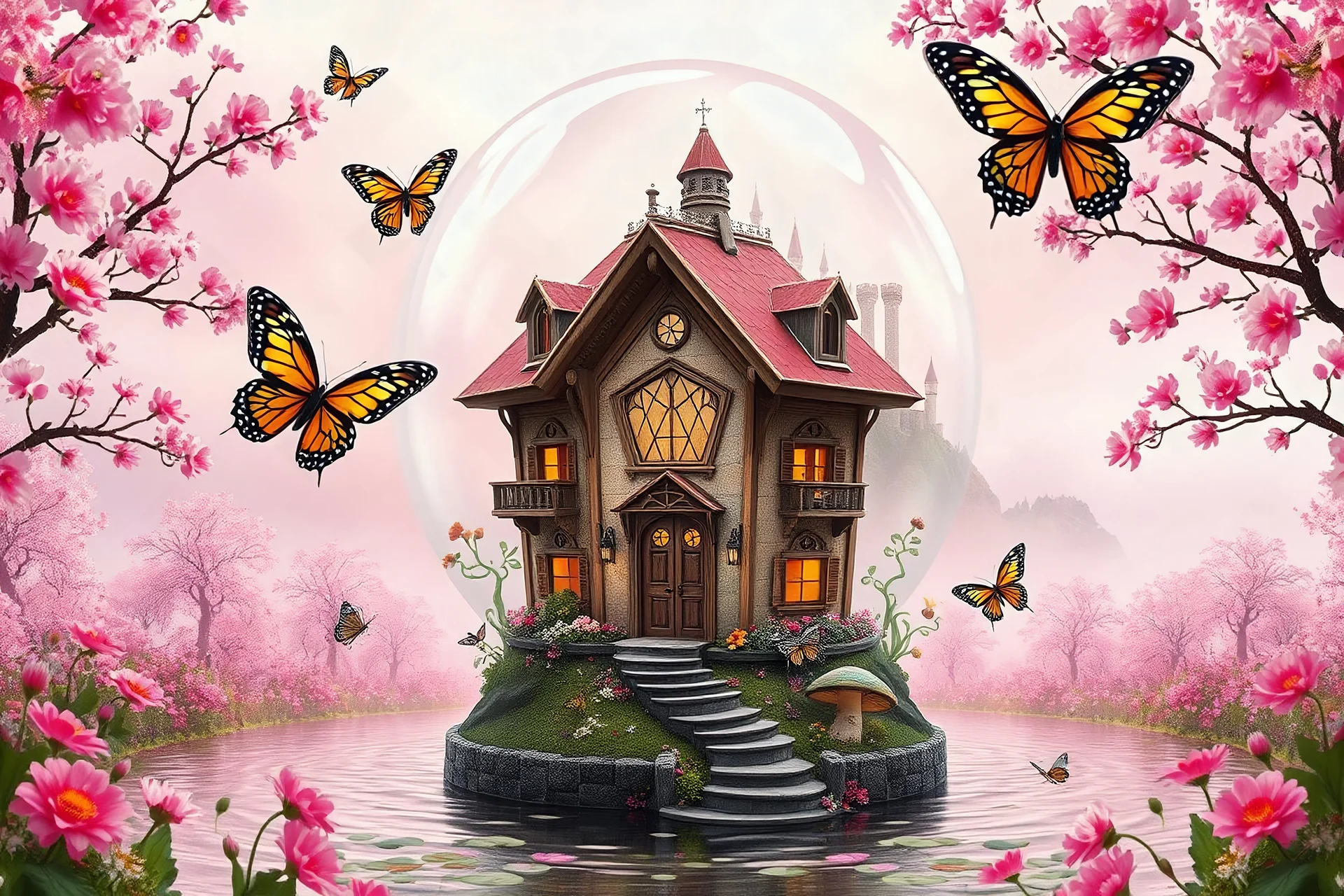 petite maison feerique hexagonale enveloppée d une bulle transparente dans une foret fleurie avec des vitraux, des petits balcons et des lumieres, sous une boule crsital, bordée d eau avec un escaier des gros papillons, des fleurs un gros champignon et un chateau sur une colline en arriere plan , ambiance rose.des, des papillons grands arbres fleuris de chaque cote