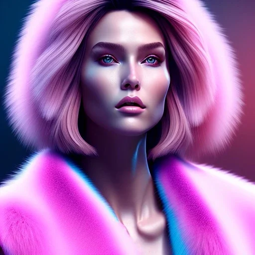 A portrait very beautiful woman, longs hairs, realistic, cinematic lighting, pink blue light, 8k, galactic, fur coat