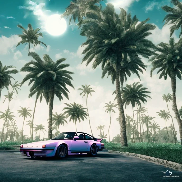 1980's aesthetic vaporwave palm trees and spheres and Porsche with lightning