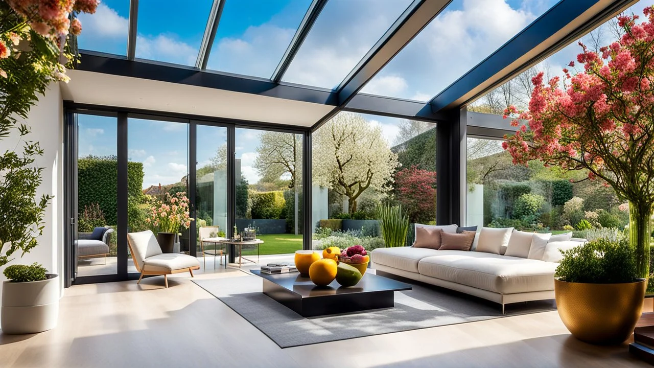 Beautiful modern luxurious minimal domestic living room, floor-to-ceiling sliding windows look out onto attractive flower gardens and fruit trees. Beautiful roof-lantern adds extra daylight and view of the sky. Room is light, comfortable, peaceful, welcoming and tasteful. The home was recently the winner of a national architecture award. Afternoon, springtime, blue sky with small clouds.