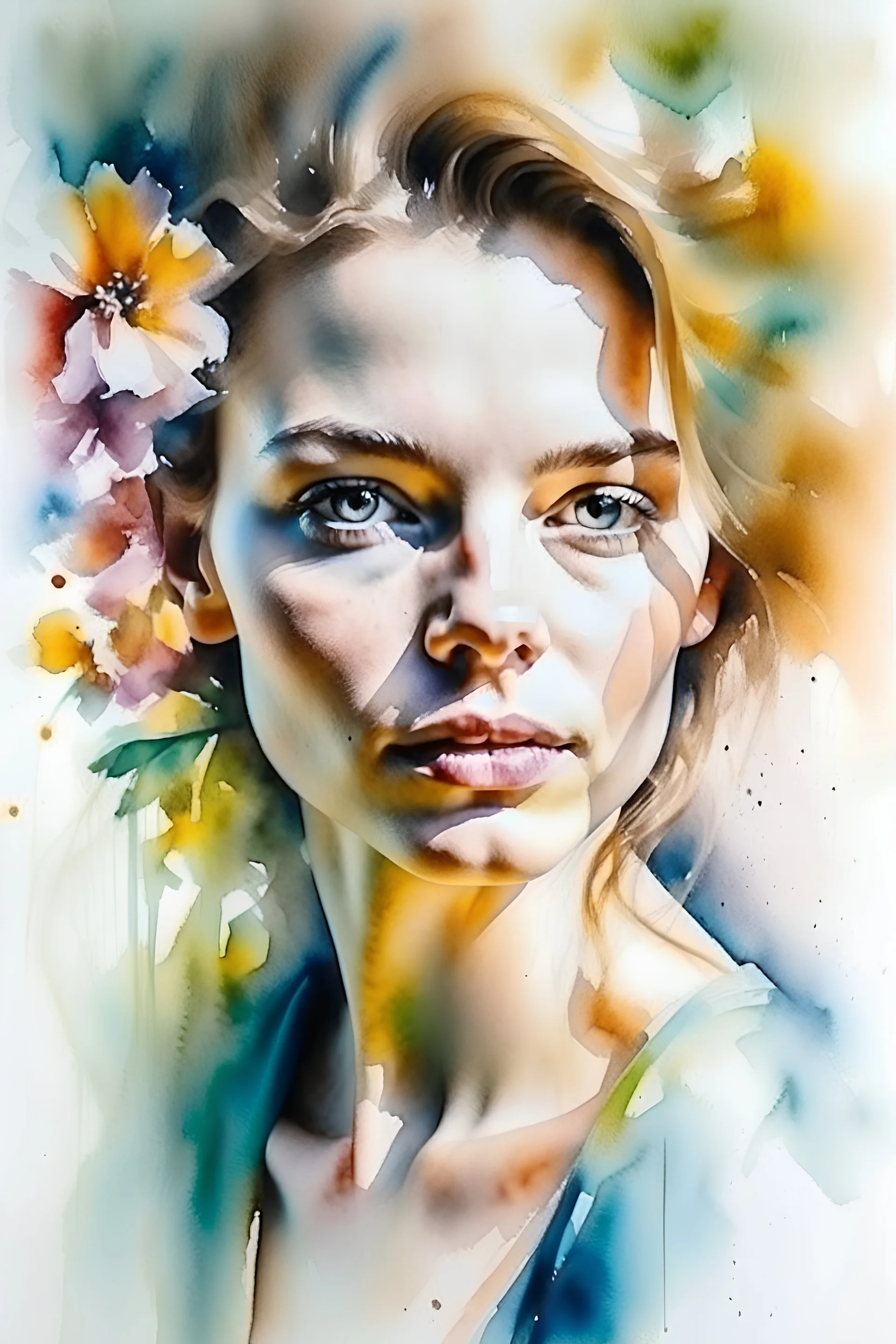 watercolor painting of a beautiful portrait of a 25 year old woman, realistic skin texture, flower in her hair, looking into the camera, Anna Razumovskaya style, atmospheric light, realistic colors